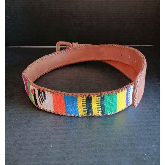 Handcrafted Guatemalan Leather Woven Colorful Belt M/L - Picture 4 of 6